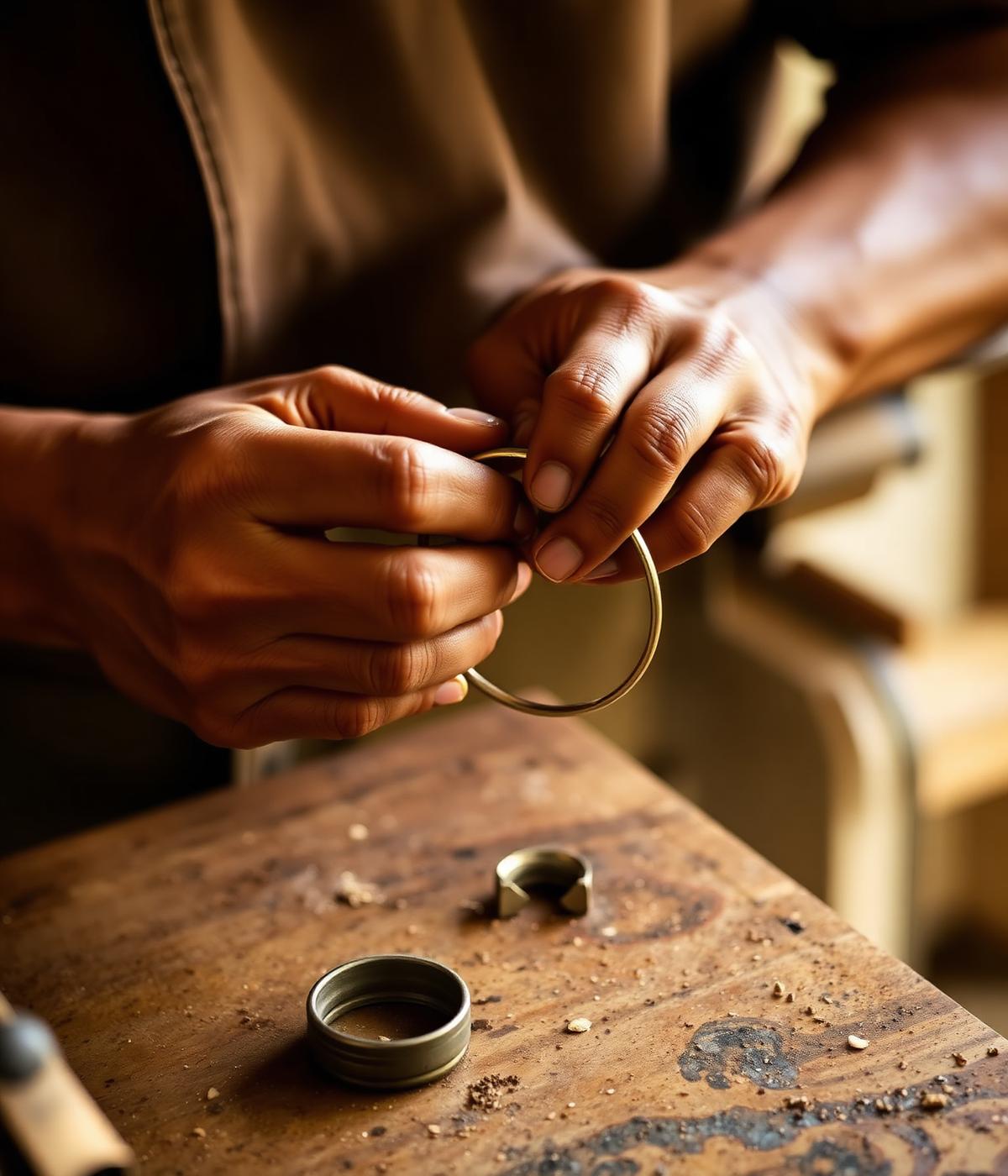 An artisan shaping a metal bangle by hand at a wooden workbench