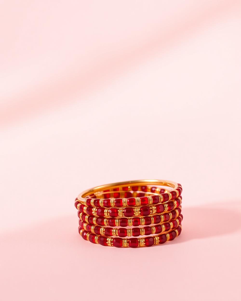 Bridal lac and glass bangles in ruby and gold