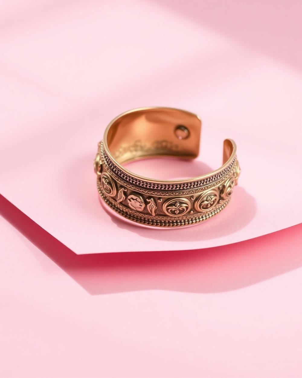 A broad hammered gold kada resting on a soft pink surface